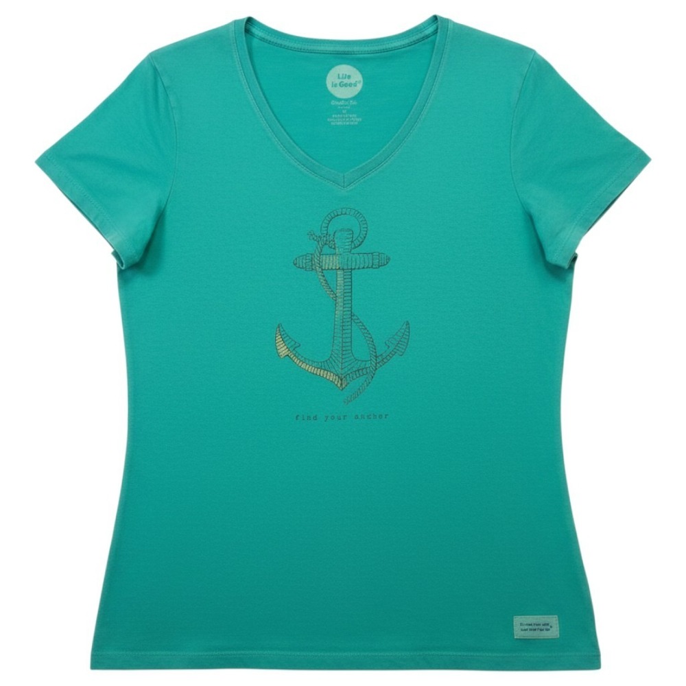 Life is Good Crusher Tee Womens Medium Green Find Your Anchor V-Neck Cotton Tee